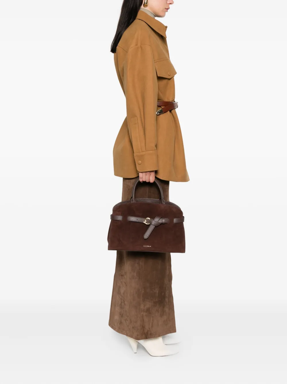 Coccinelle medium Sabine knotted-belt suede tote bag Bruin