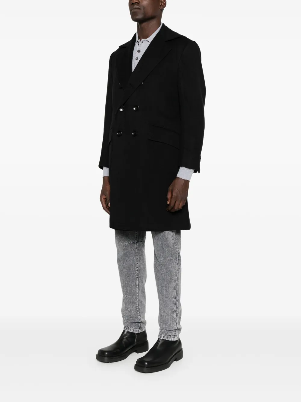  Kiton Double-breasted Cupro Coat - Black 