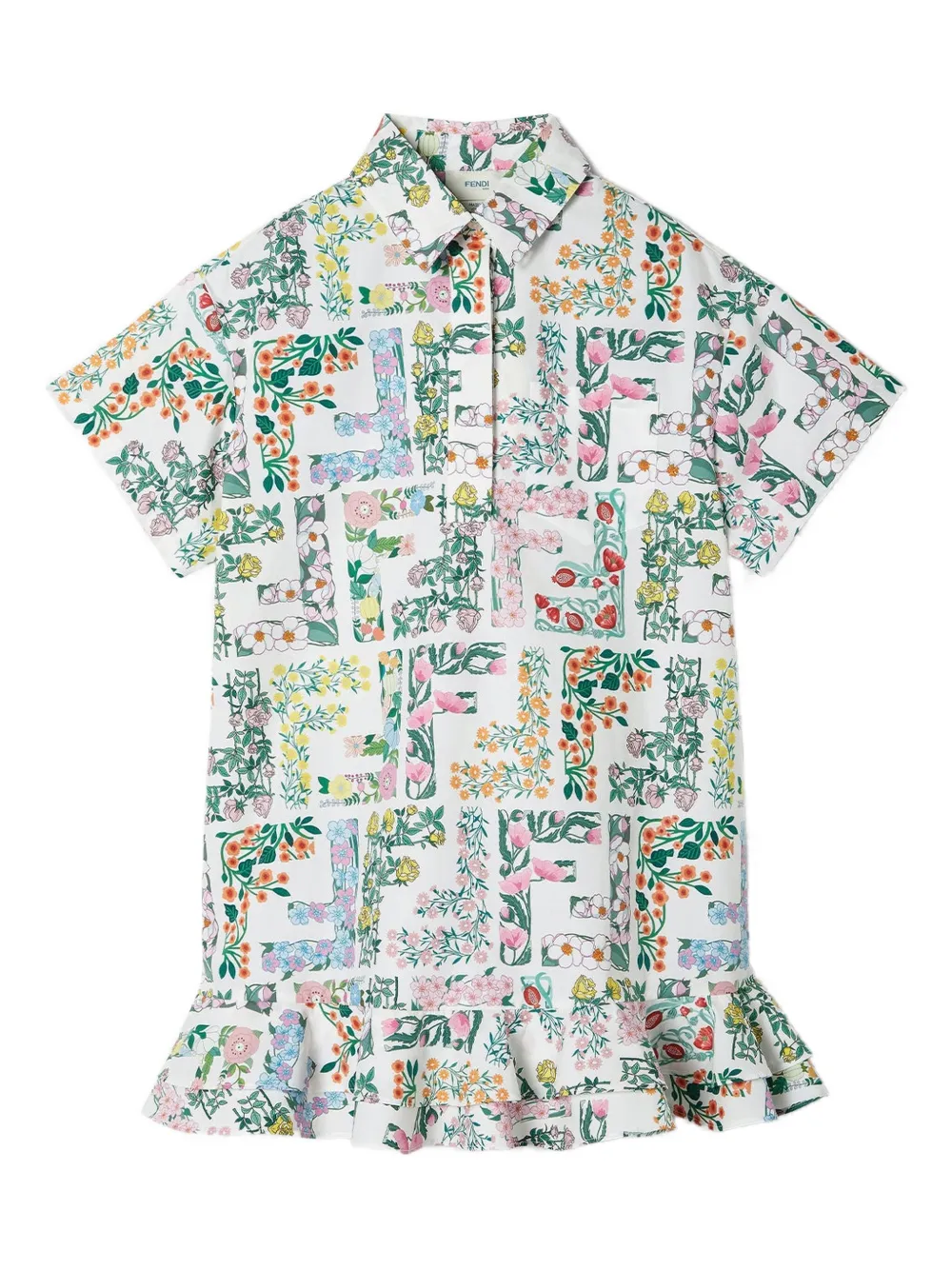 Fendi Kids Jurk met bloe print en ruches Wit