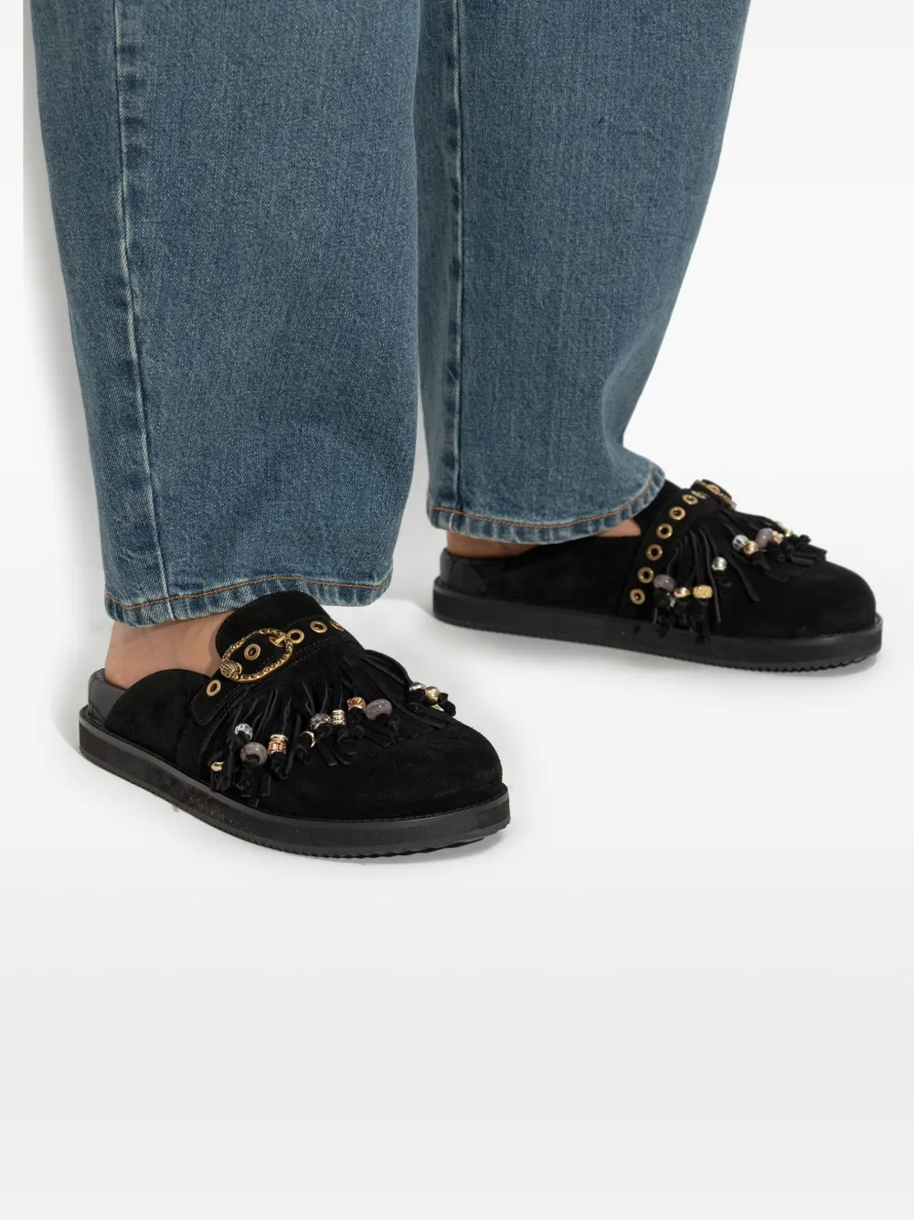 Kurt Geiger London Mayfair fringe embellished buckle mules Black