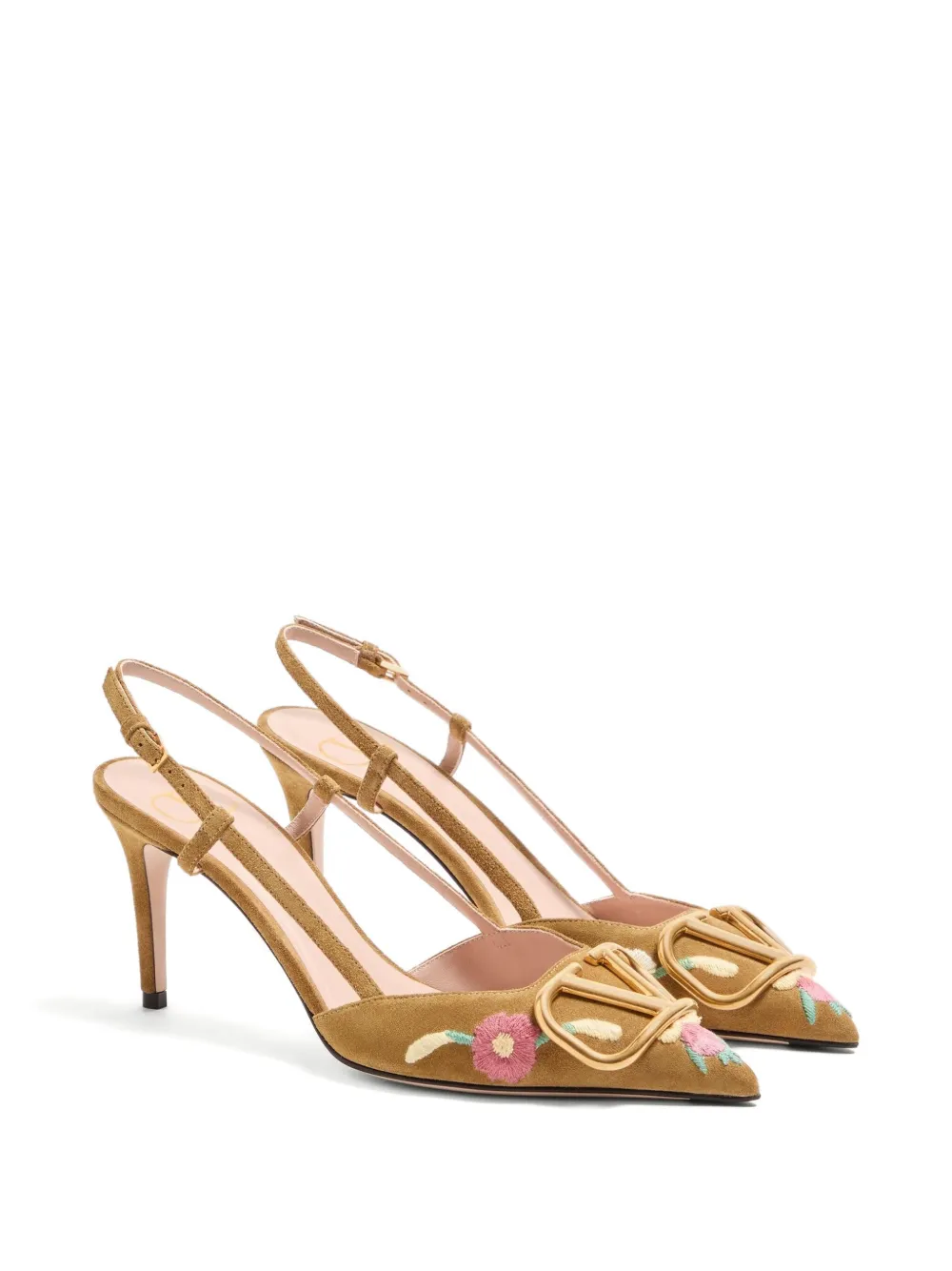 Valentino Garavani 80mm floral-embroidered slingback pumps Brown