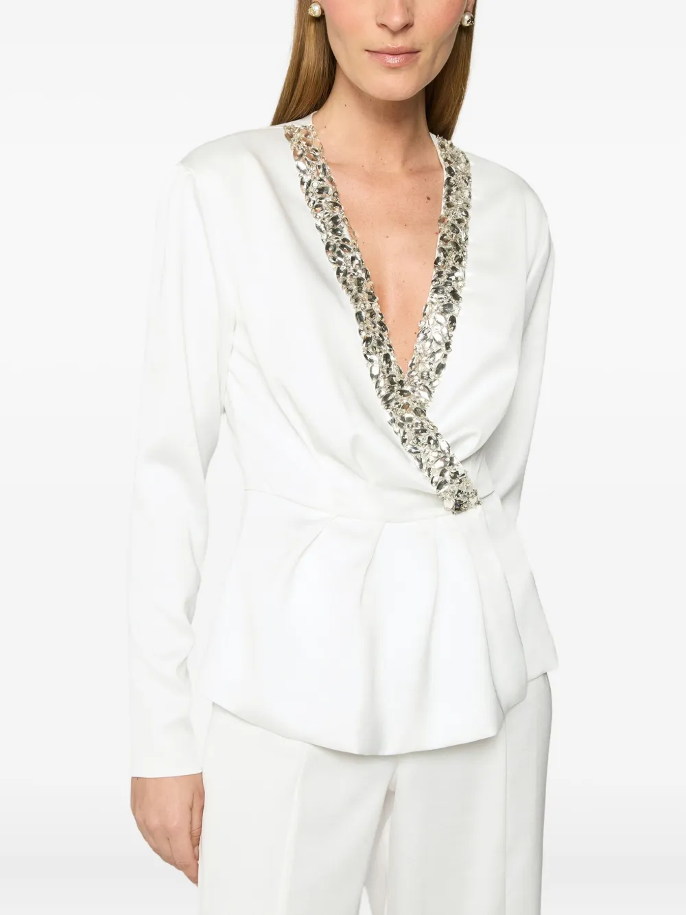 Genny crystal-embellished wrap blouse Wit