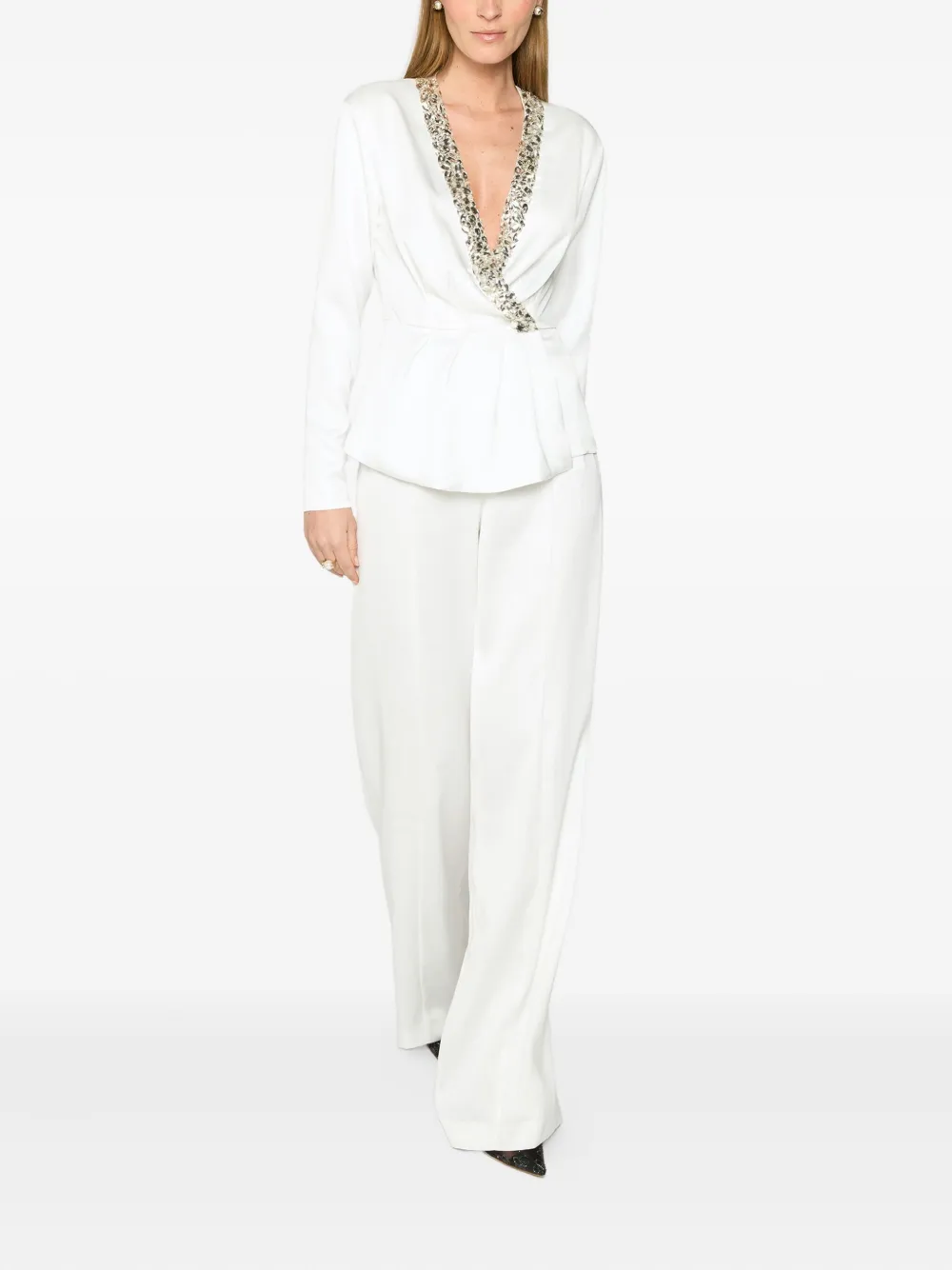 Genny crystal-embellished wrap blouse Wit