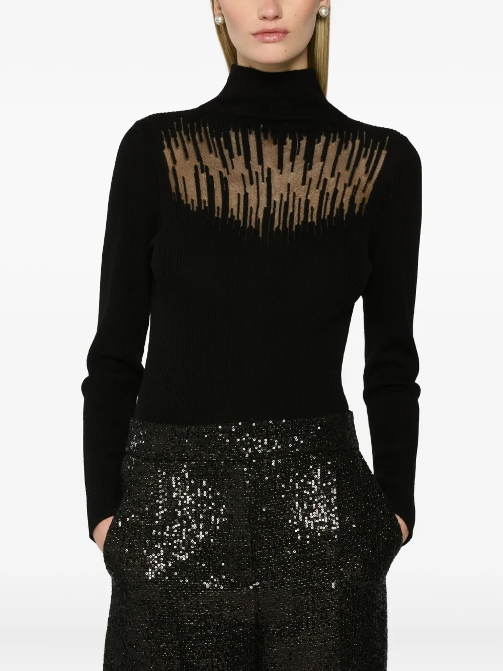 Genny ribbed-knit sheer-panel top Zwart