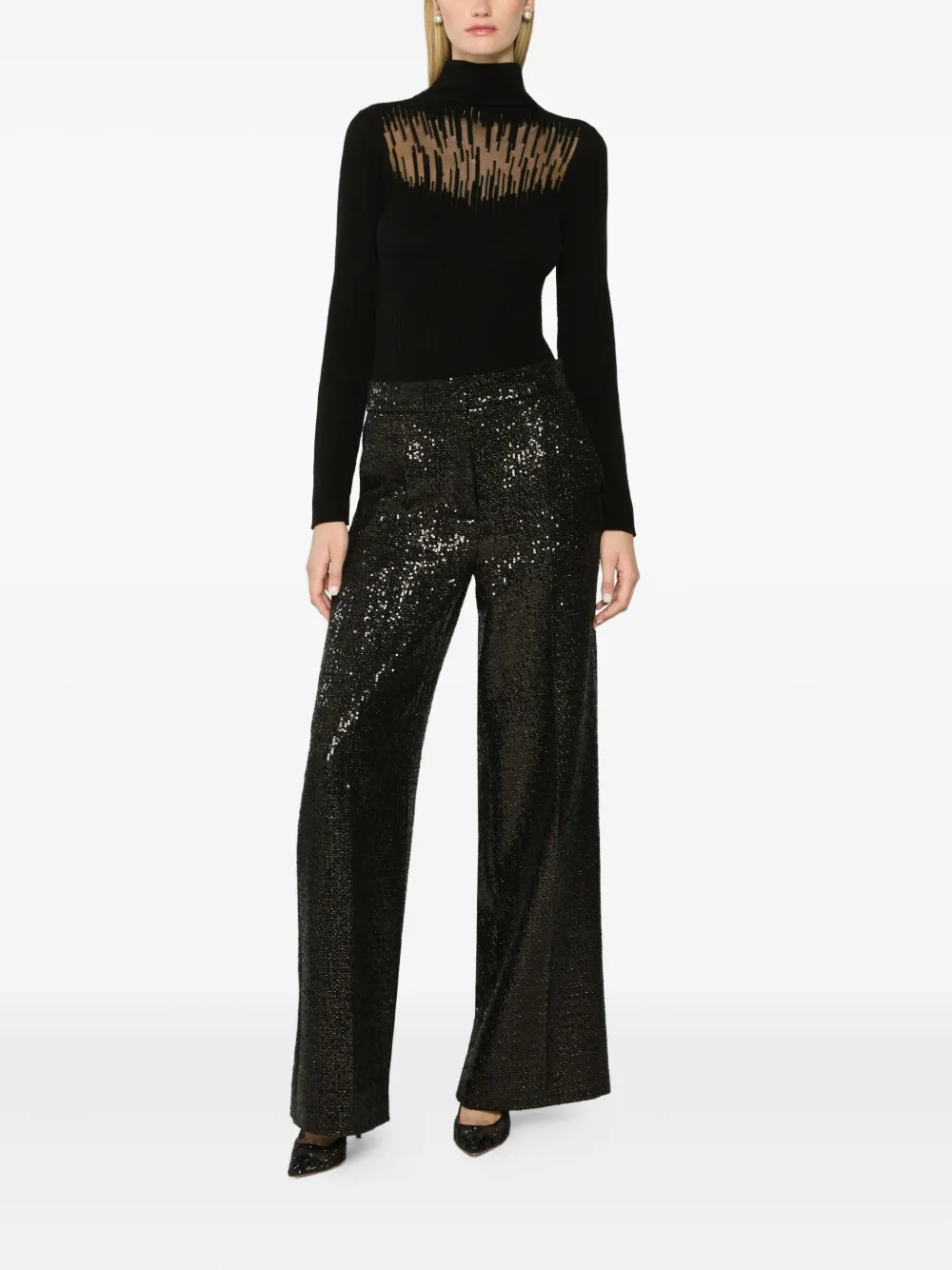 Genny ribbed-knit sheer-panel top Zwart