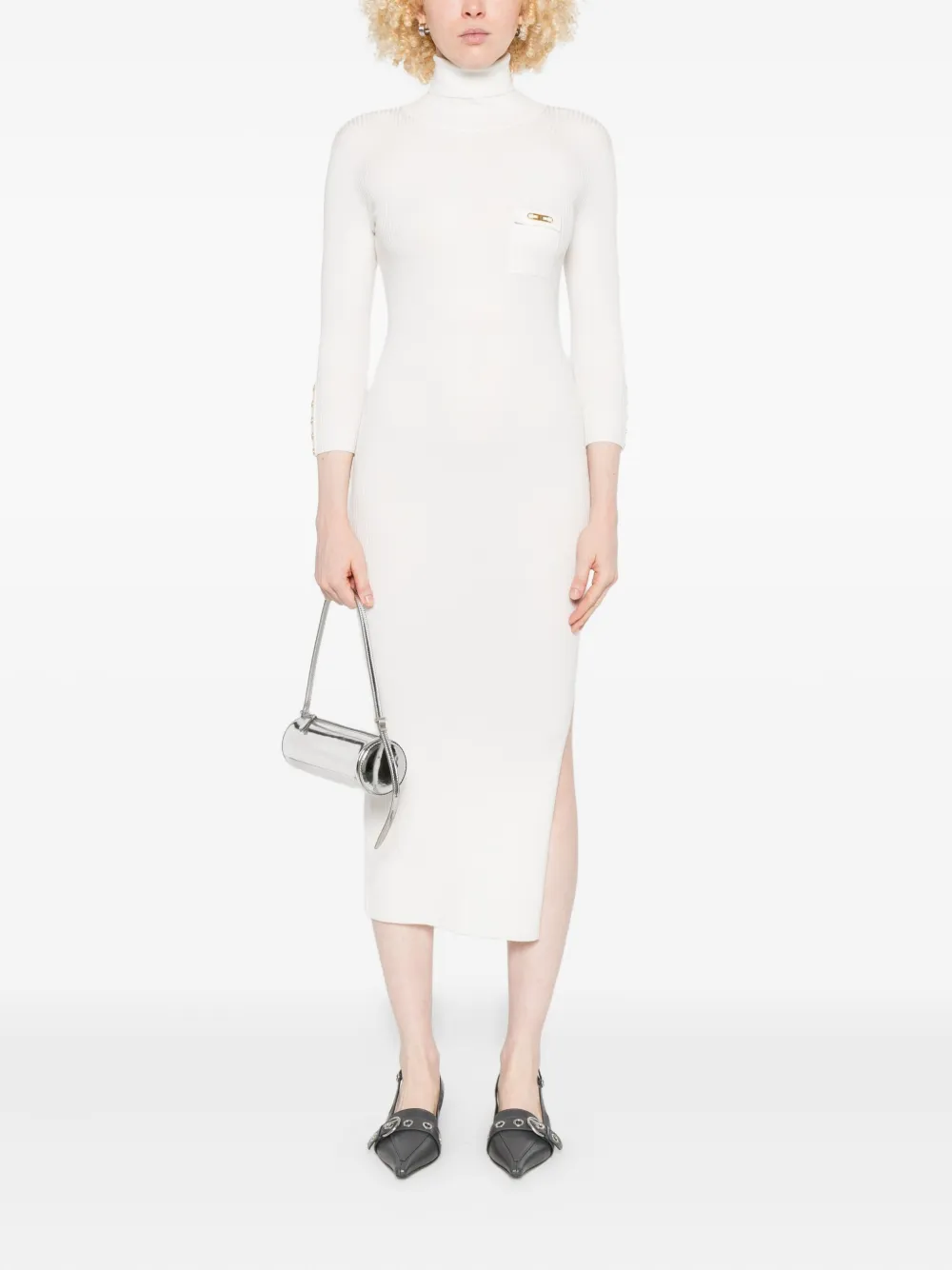 Elisabetta Franchi Geribbelde midi-jurk met col en zijsplit Beige