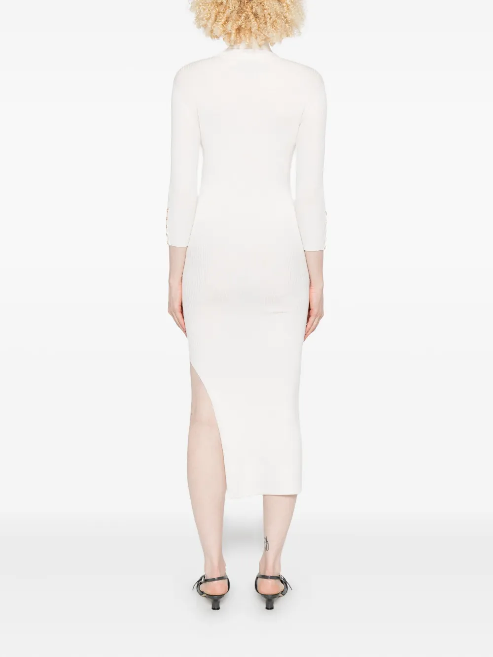 Elisabetta Franchi Geribbelde midi-jurk met col en zijsplit Beige