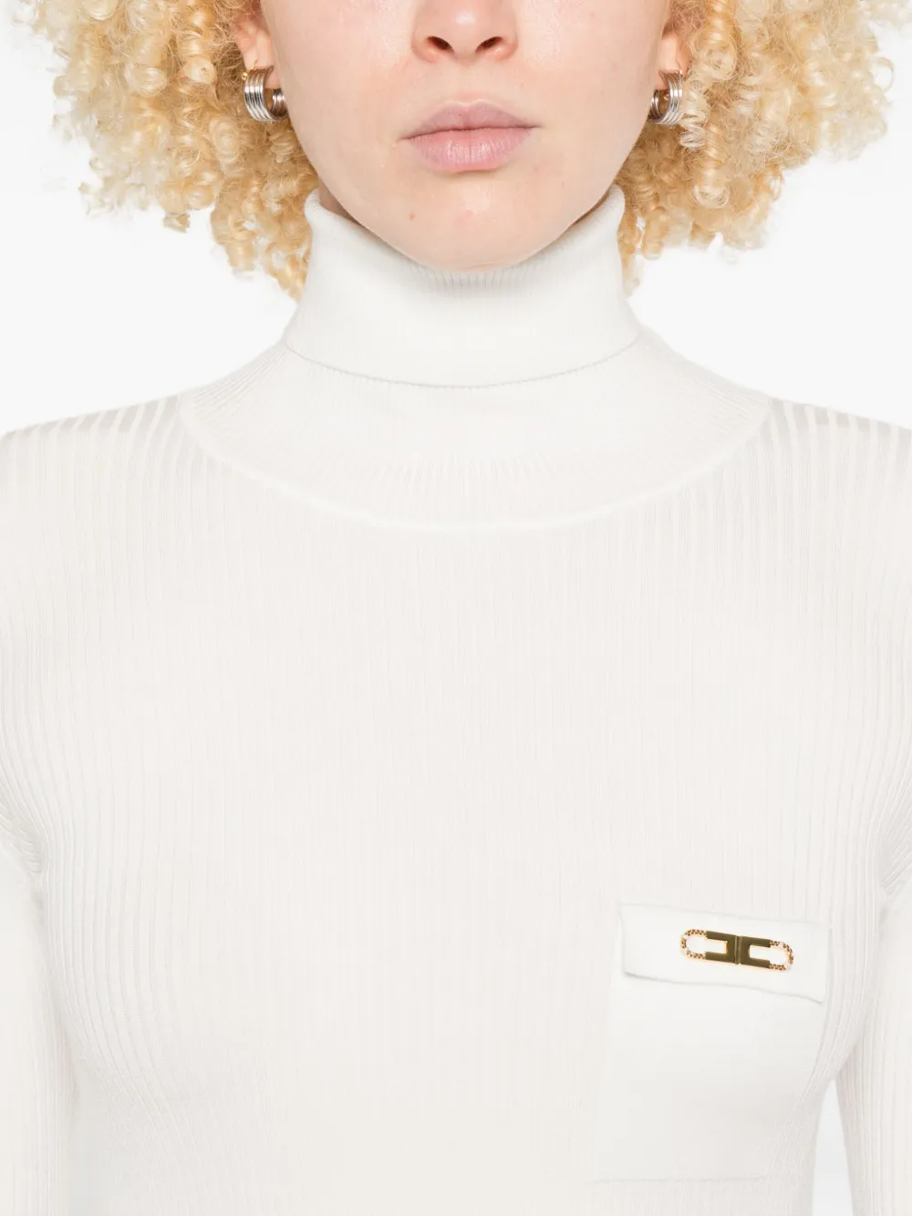 Elisabetta Franchi Geribbelde midi-jurk met col en zijsplit Beige