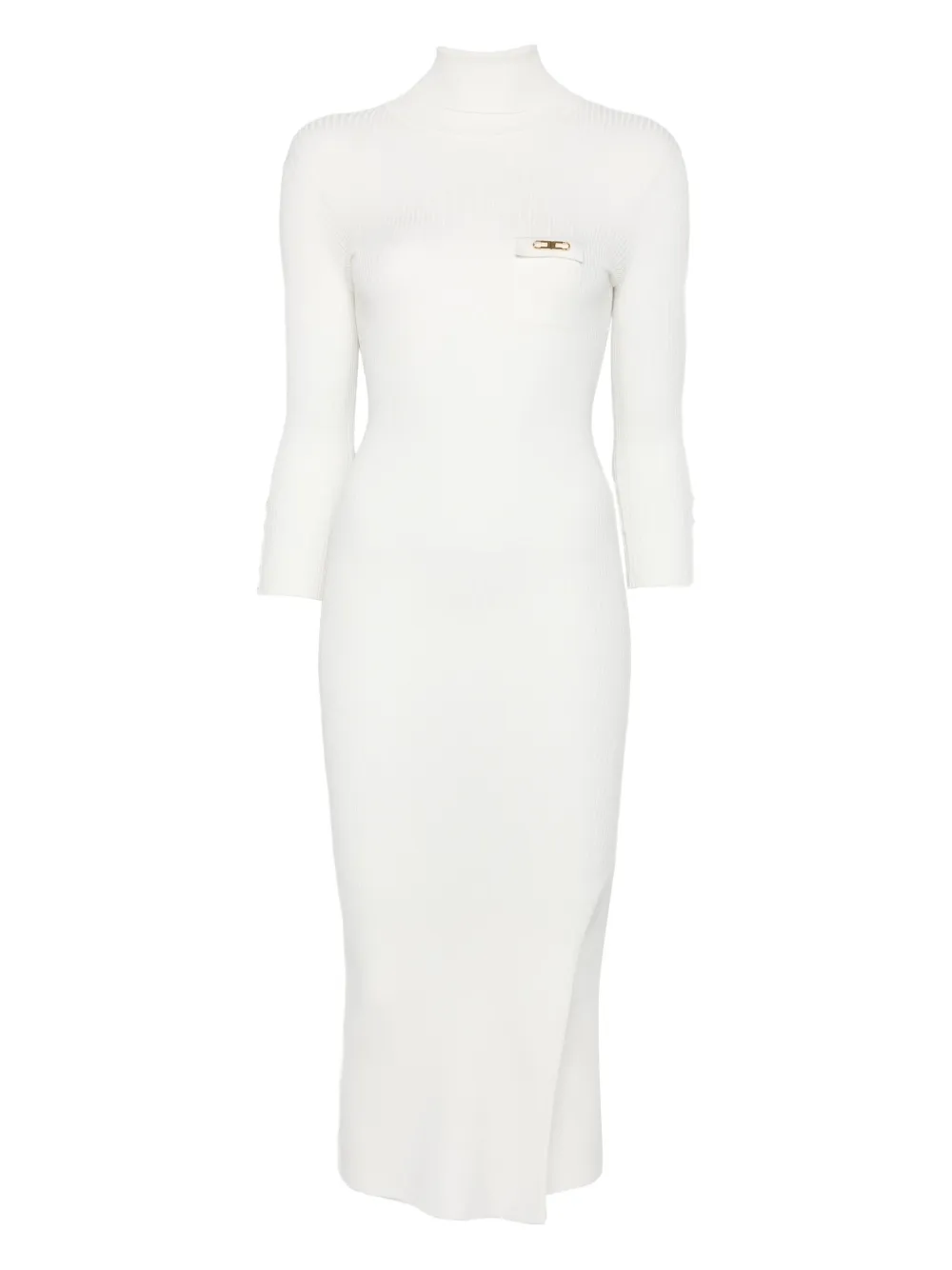 Elisabetta Franchi Geribbelde midi-jurk met col en zijsplit Beige