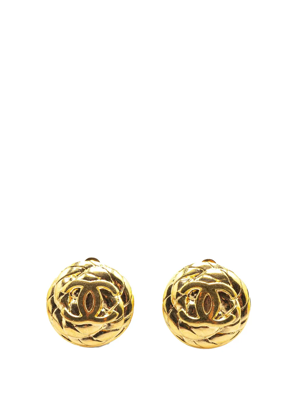 CHANEL Pre-Owned 1996 Gold Plated CC Quilted Round Clip On Earrings CHANEL Pre-Owned 1996 Gold Plated CC Quilted Round Clip On Earrings