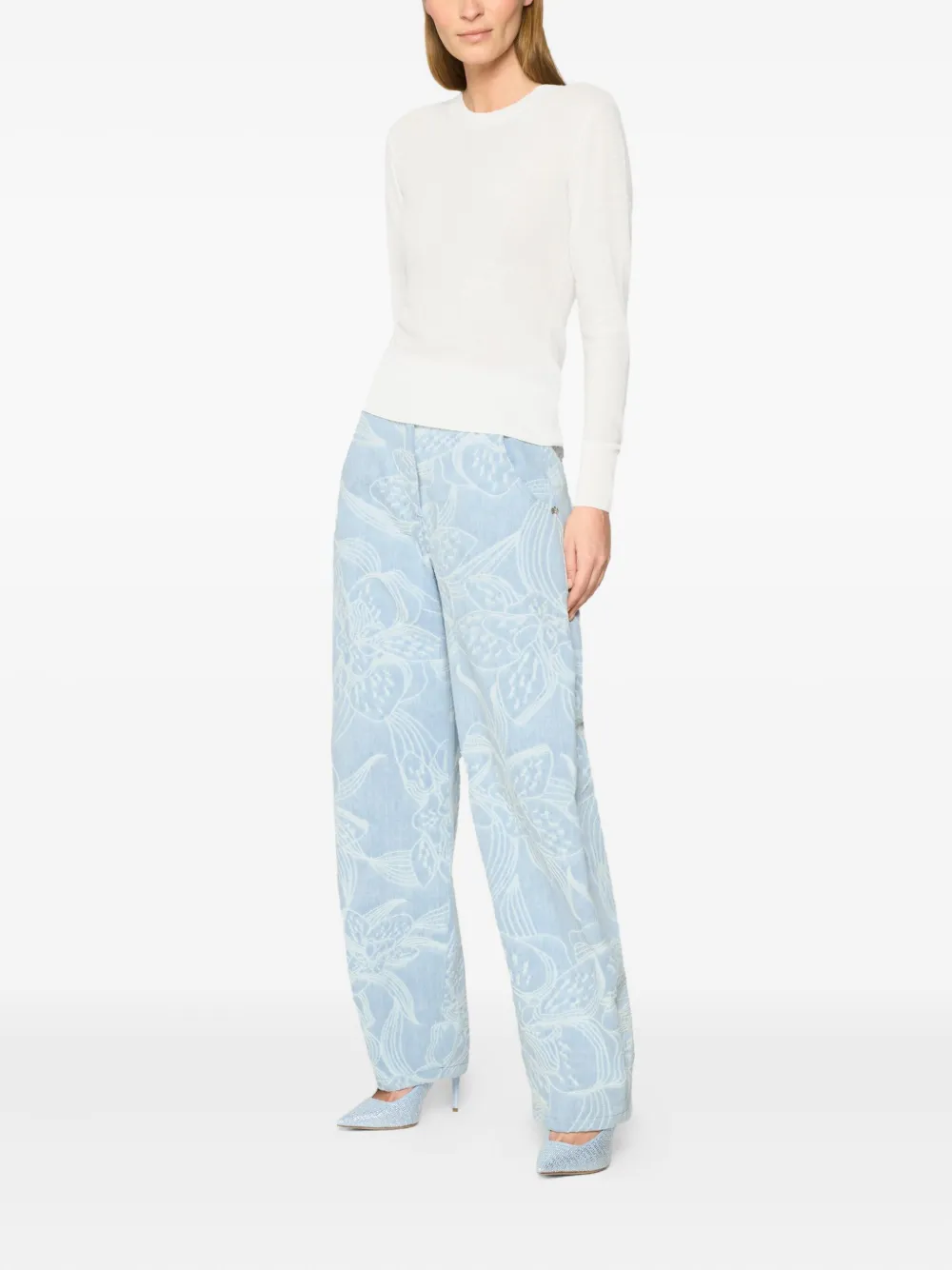 Genny Jeans met bloemenprint en wijde pijpen - Blauw