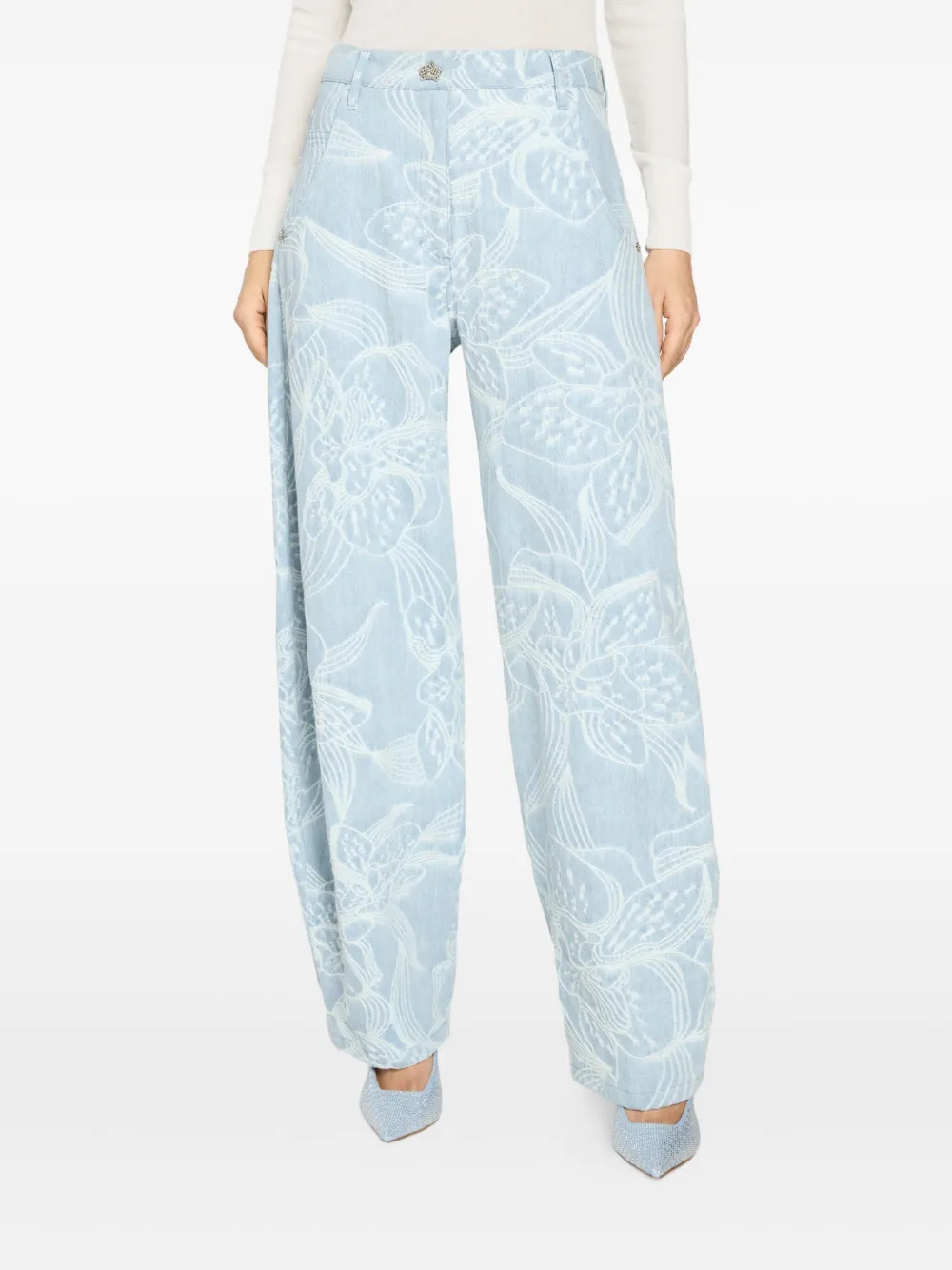 Genny Jeans met bloemenprint en wijde pijpen Blauw