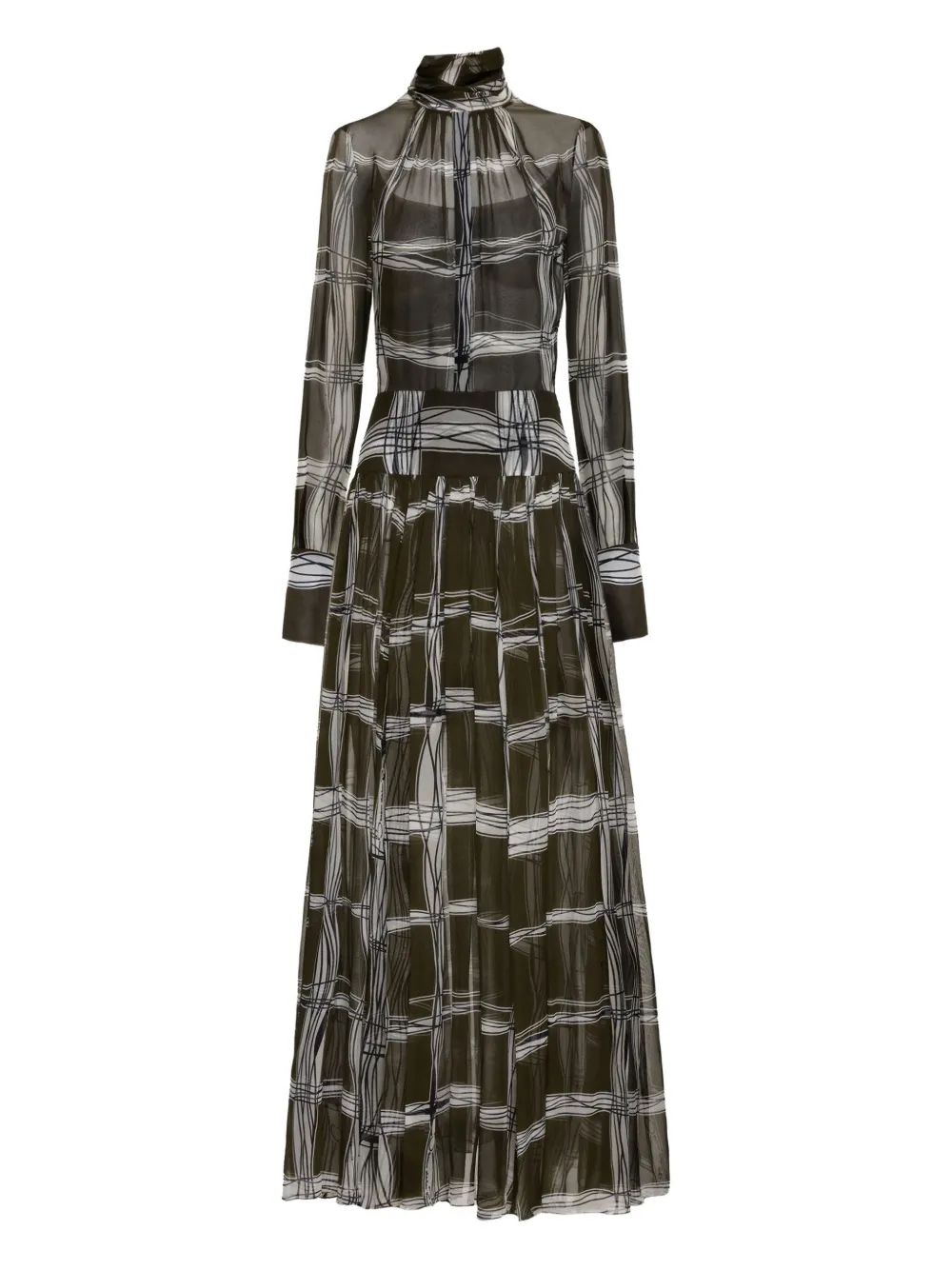 Oscar De La Renta Pleated Wavy-plaid Silk Maxi Dress In Green