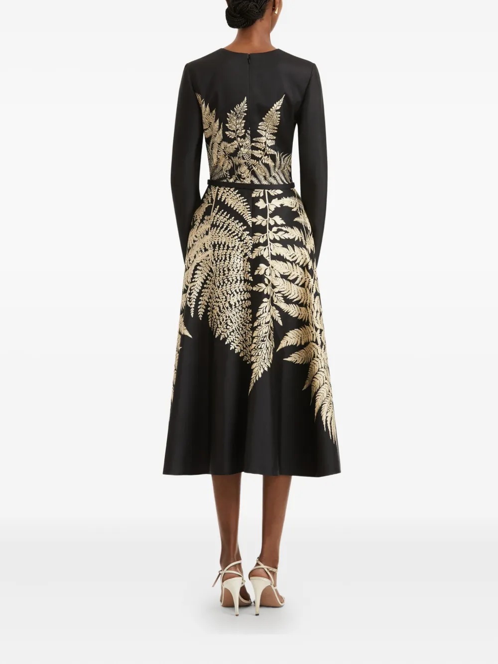 Oscar De La Renta Fern-print Long-sleeve Midi Dress In Black