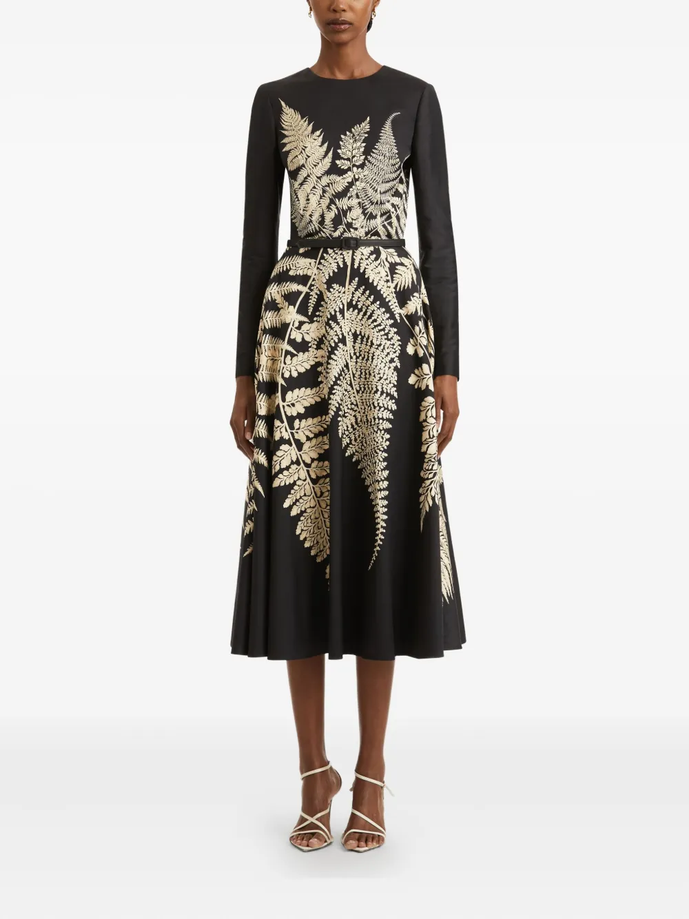 Oscar de la Renta Midi-jurk met varenprint en ceintuur - Zwart