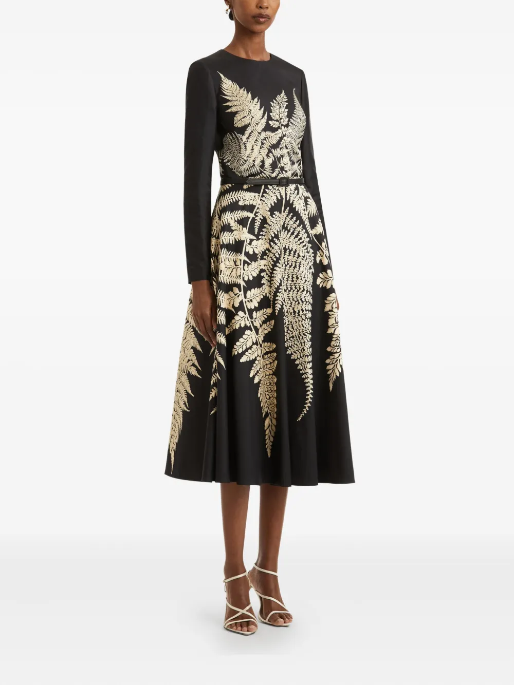 Oscar De La Renta Fern-print Long-sleeve Midi Dress In Black