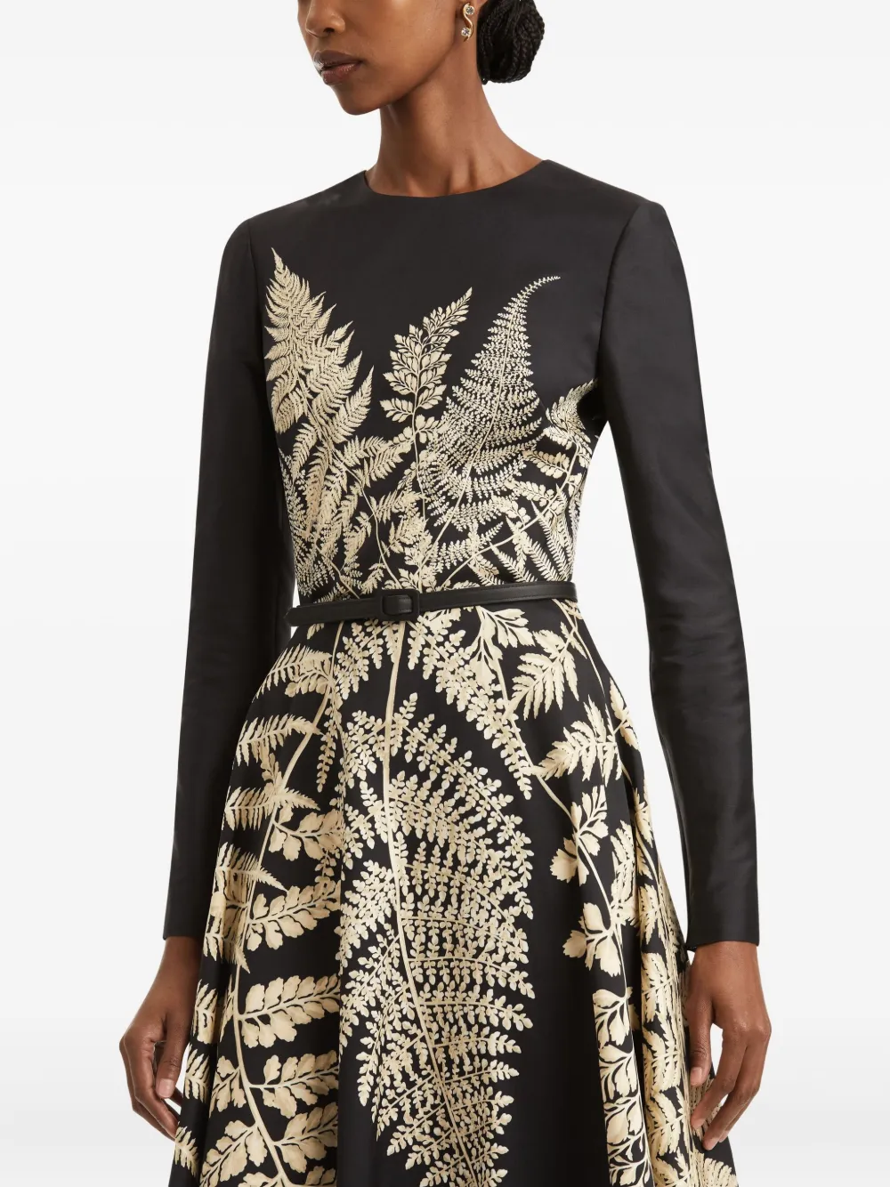 Oscar De La Renta Fern-print Long-sleeve Midi Dress In Black