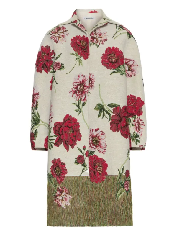 Oscar de la Renta Peony Unraveled Jacquard Coat in Neutrals