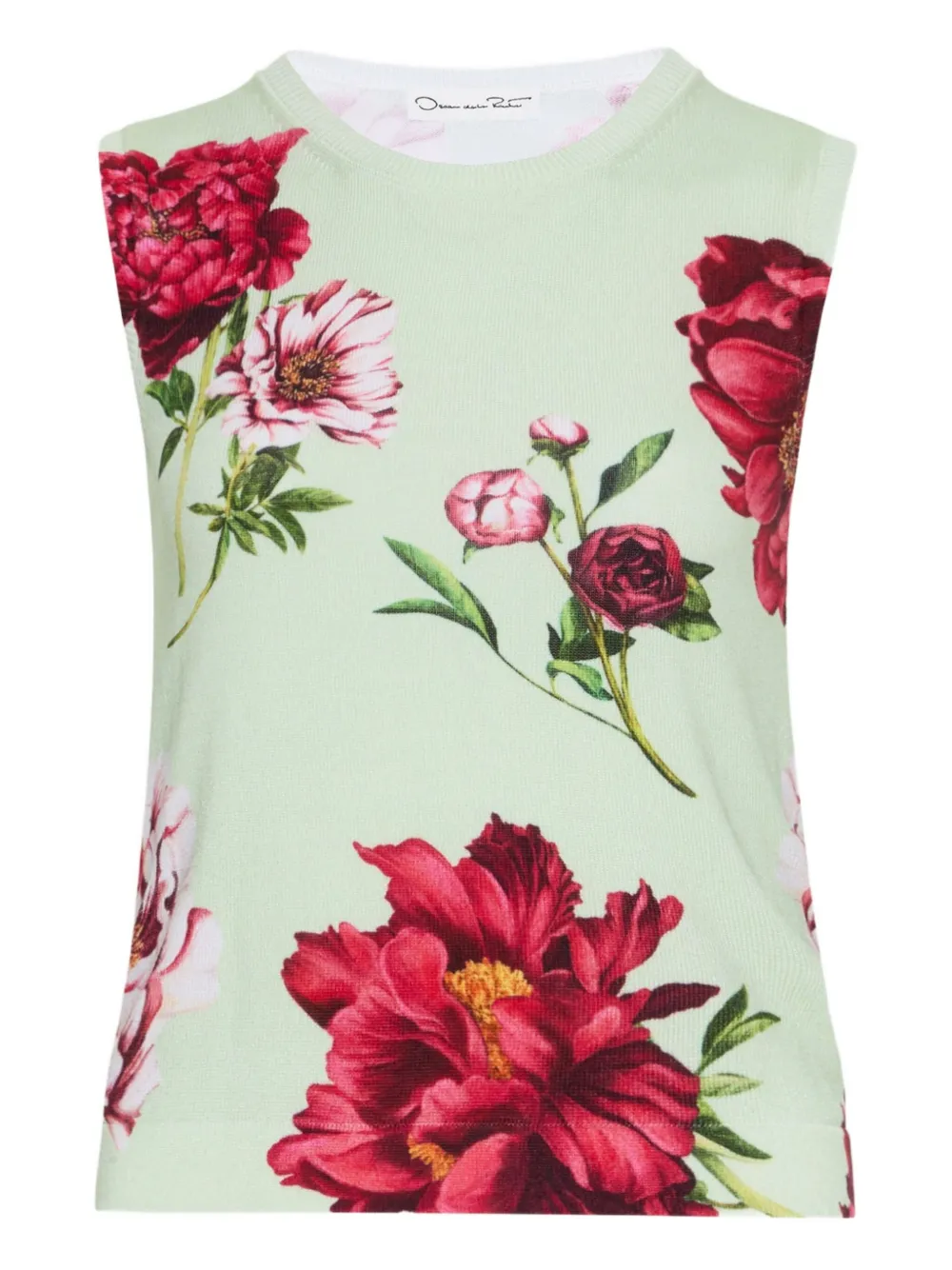 peony-print sleeveless knitted top