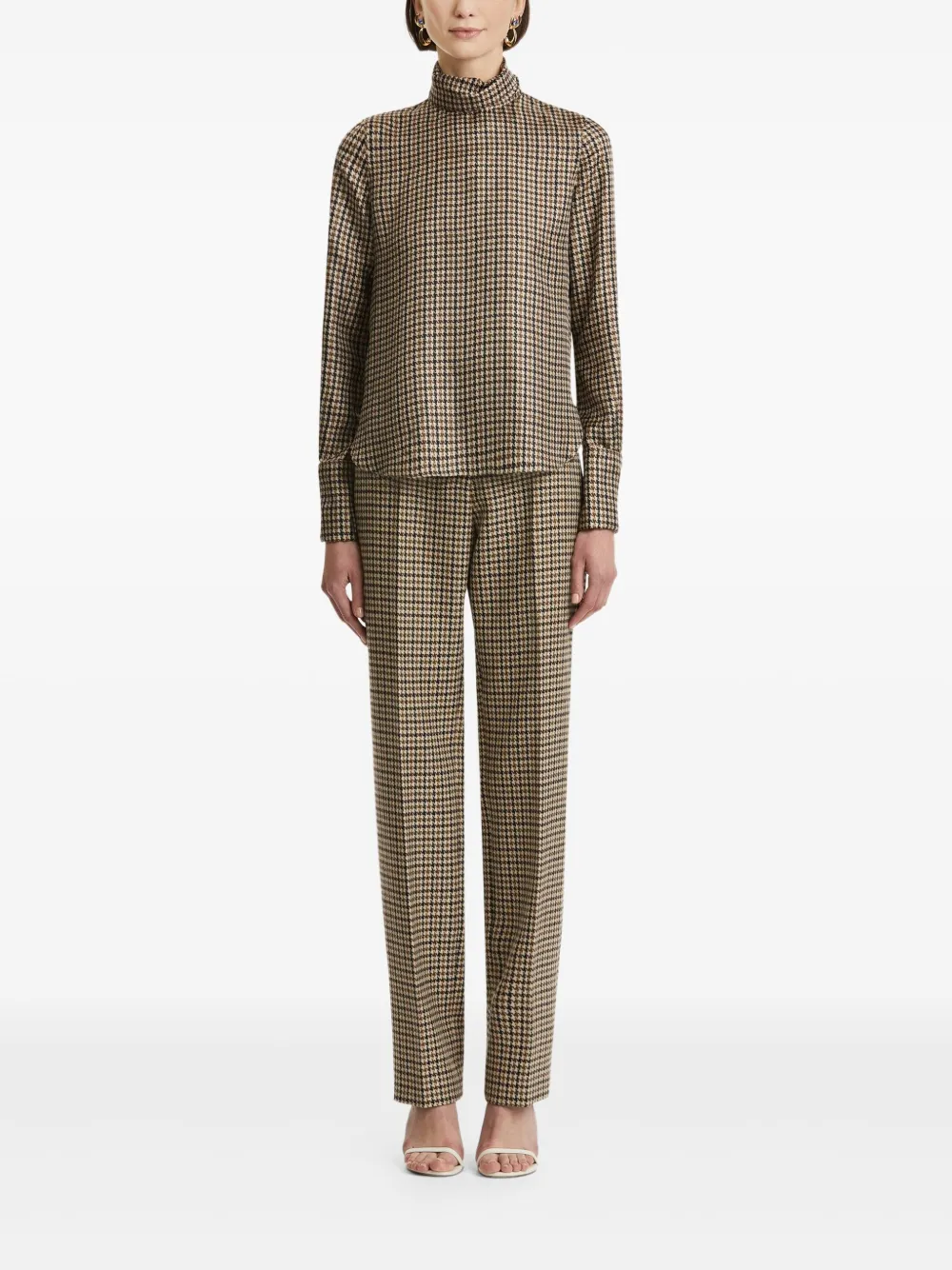 Oscar de la Renta Blouse met pied-de-poule print en hoge hals - Bruin