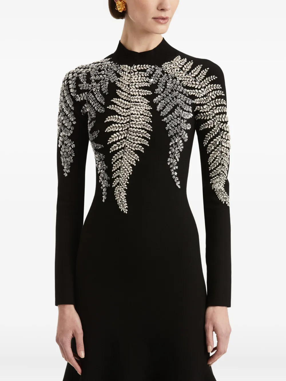 Oscar De La Renta Fern-embellished Flared Midi Dress In Black