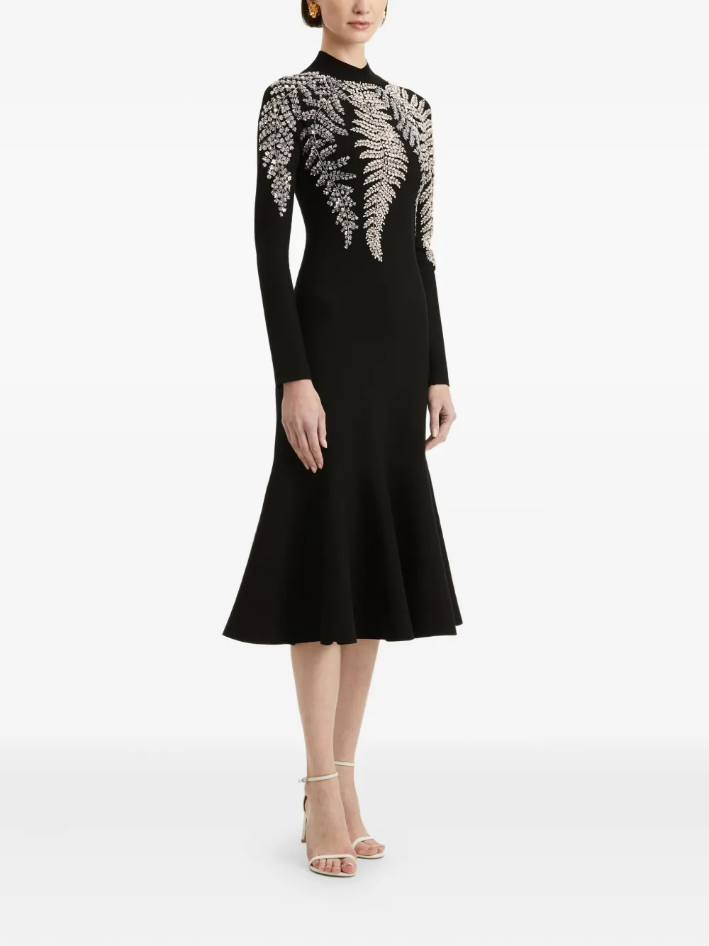Oscar De La Renta Fern-embellished Flared Midi Dress In Black