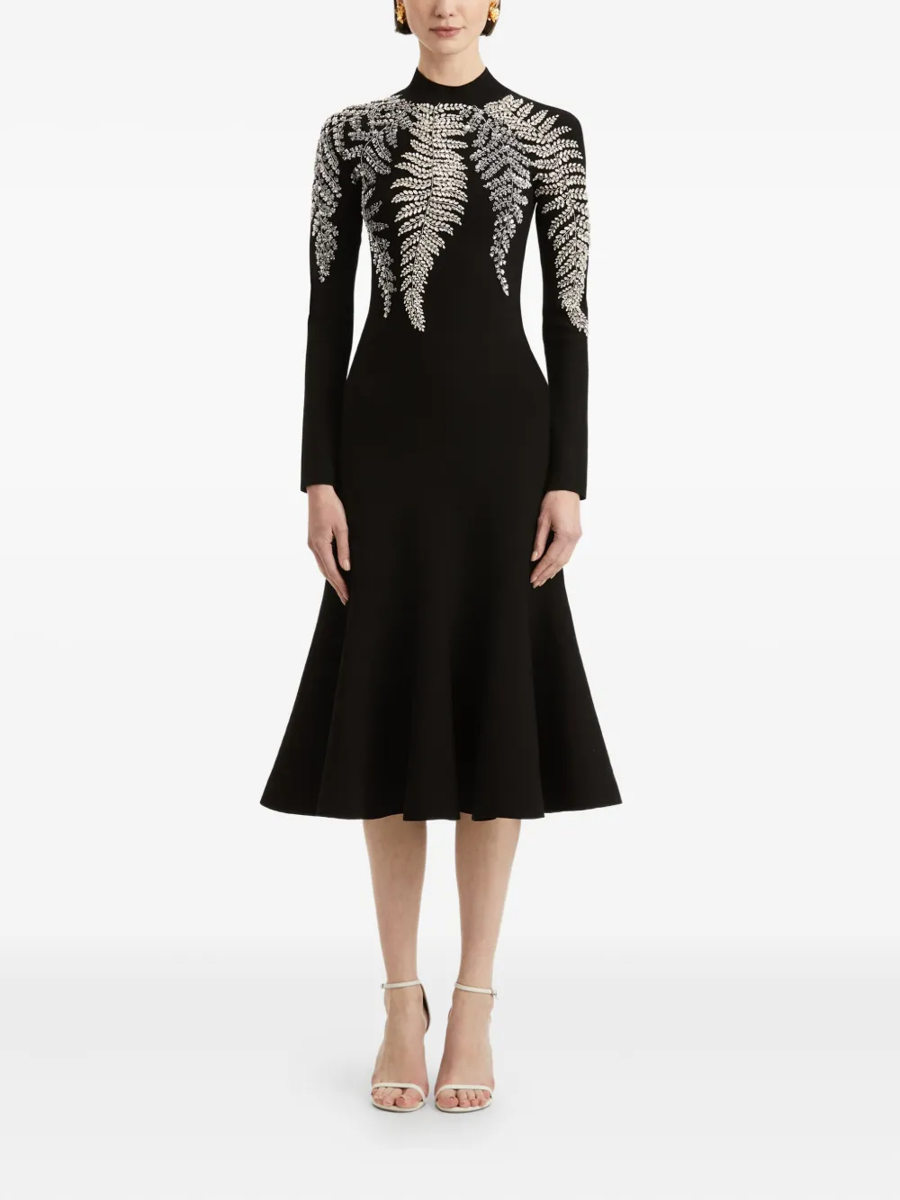 Oscar de la Renta Flared midi-jurk verfraaid met varen - Zwart