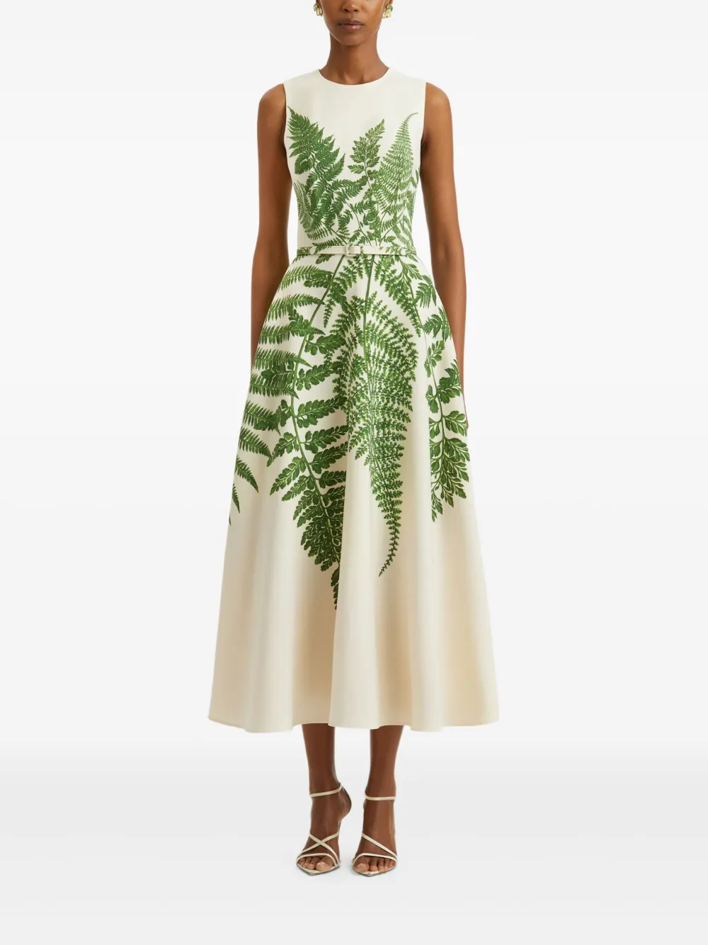Oscar de la Renta fern-print belted midi dress Wit