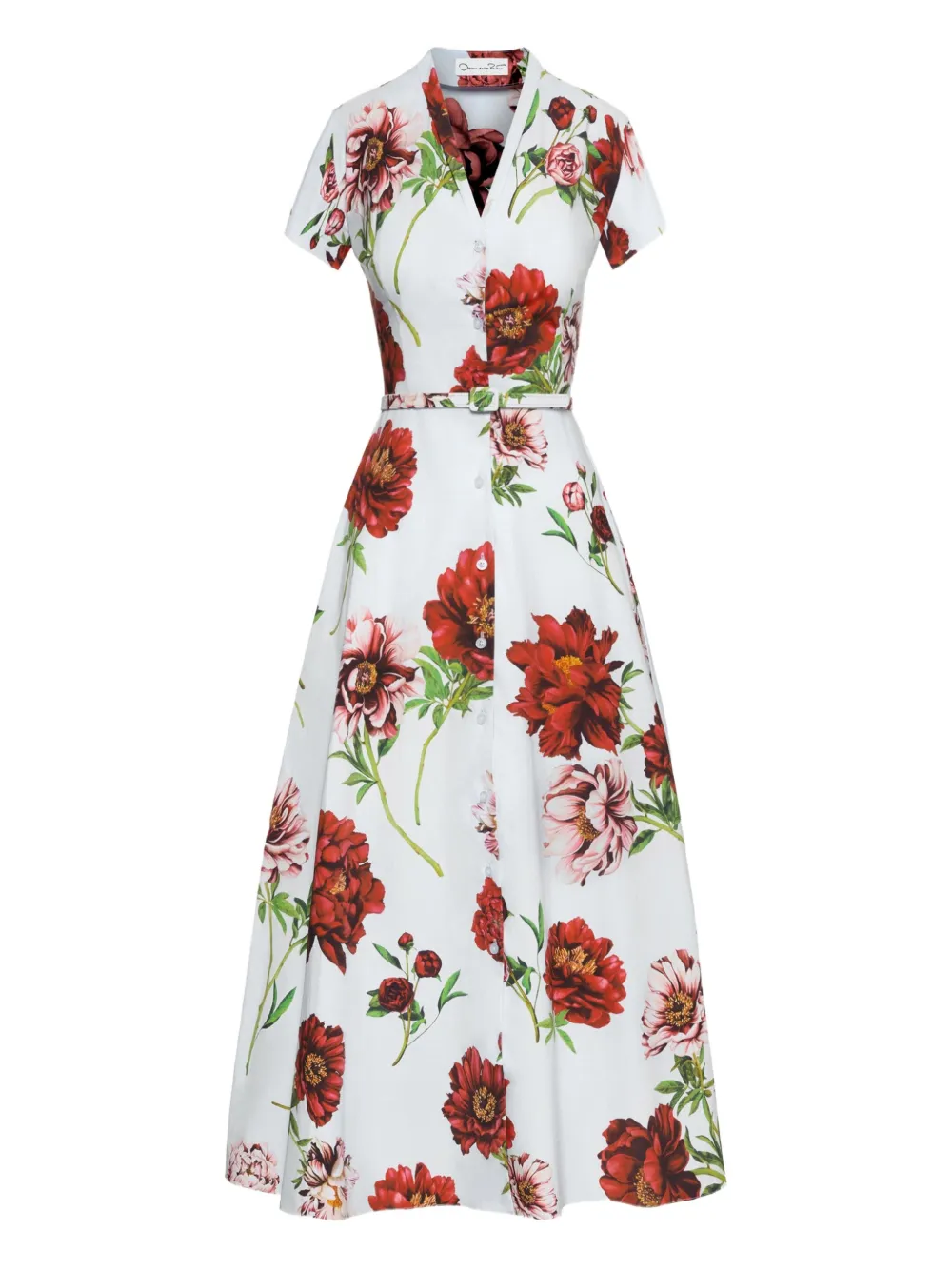 Oscar De La Renta Floral-print Belted Midi Dress In White