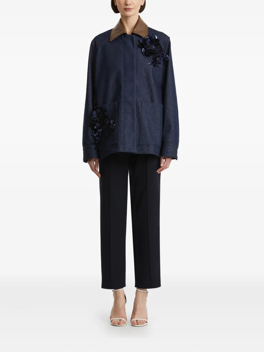 Oscar de la Renta sequin-embellished leather-collar denim jacket | Denim Jackets | Image 2