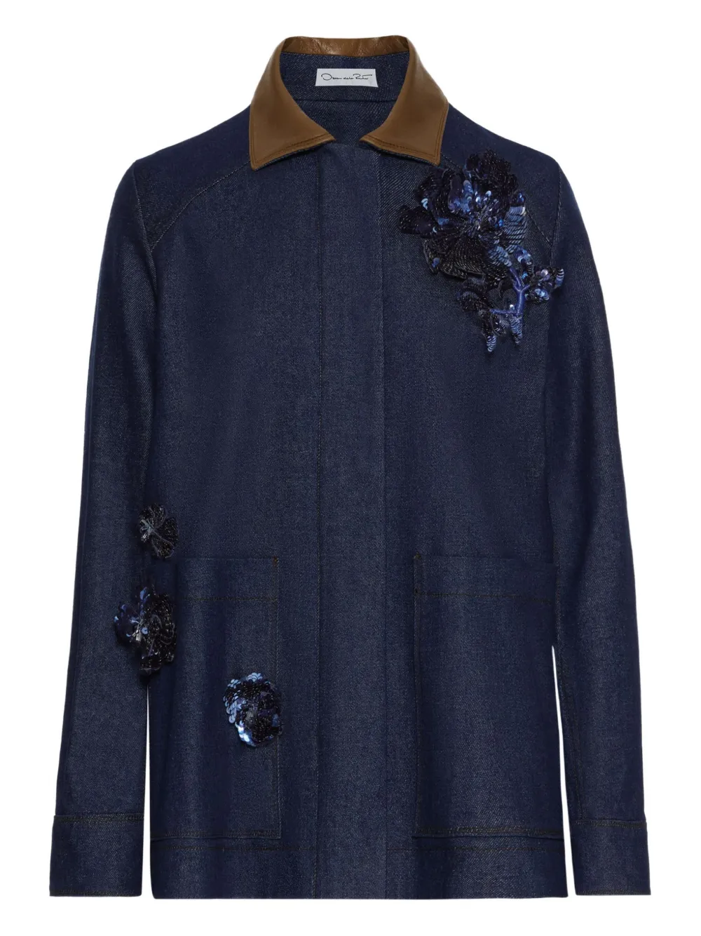 Oscar de la Renta sequin-embellished leather-collar denim jacket | Blue | Image 1