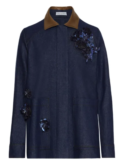 Oscar de la Renta sequin-embellished leather-collar denim jacket