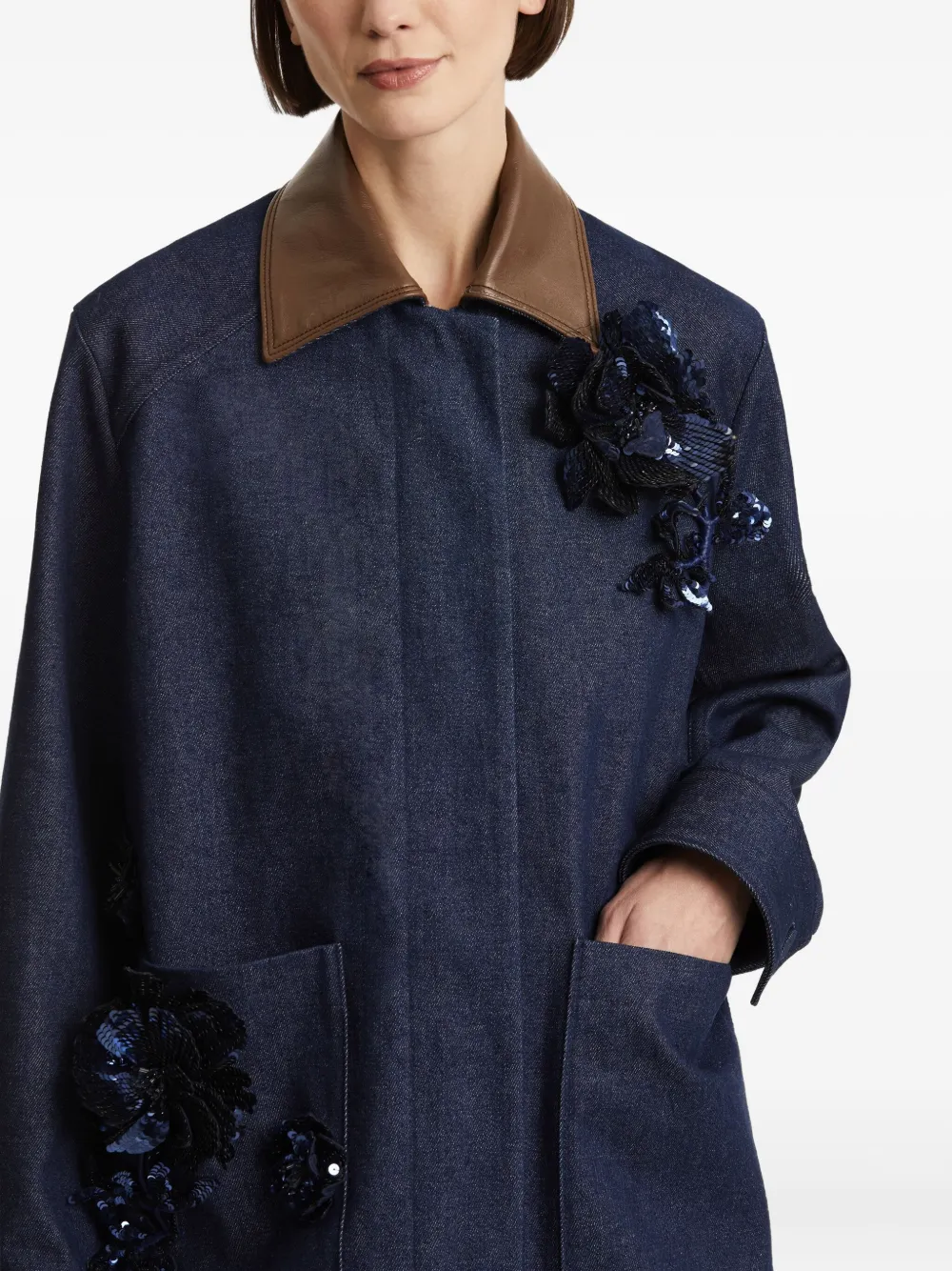 Oscar De La Renta Sequin-embellished Leather-collar Denim Jacket In Blue