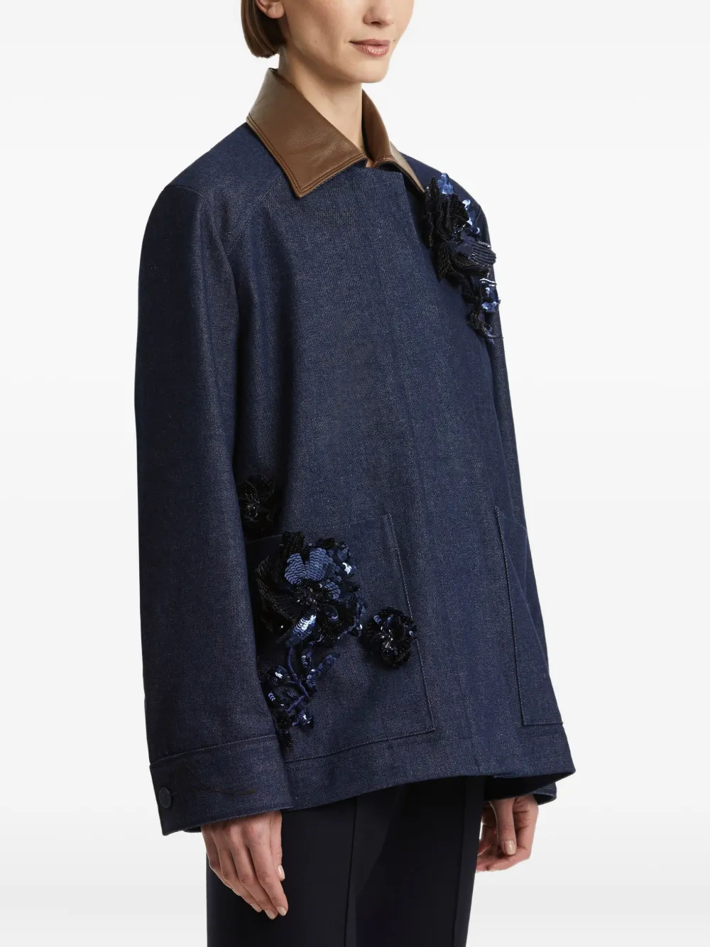Oscar De La Renta Sequin-embellished Leather-collar Denim Jacket In Blue