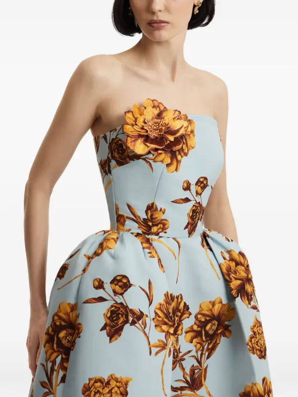 【Oscar de la Renta】ストラップレス フローラルファイユドレス Oscar De La Renta フローラル ストラップレス ドレス | ブルー