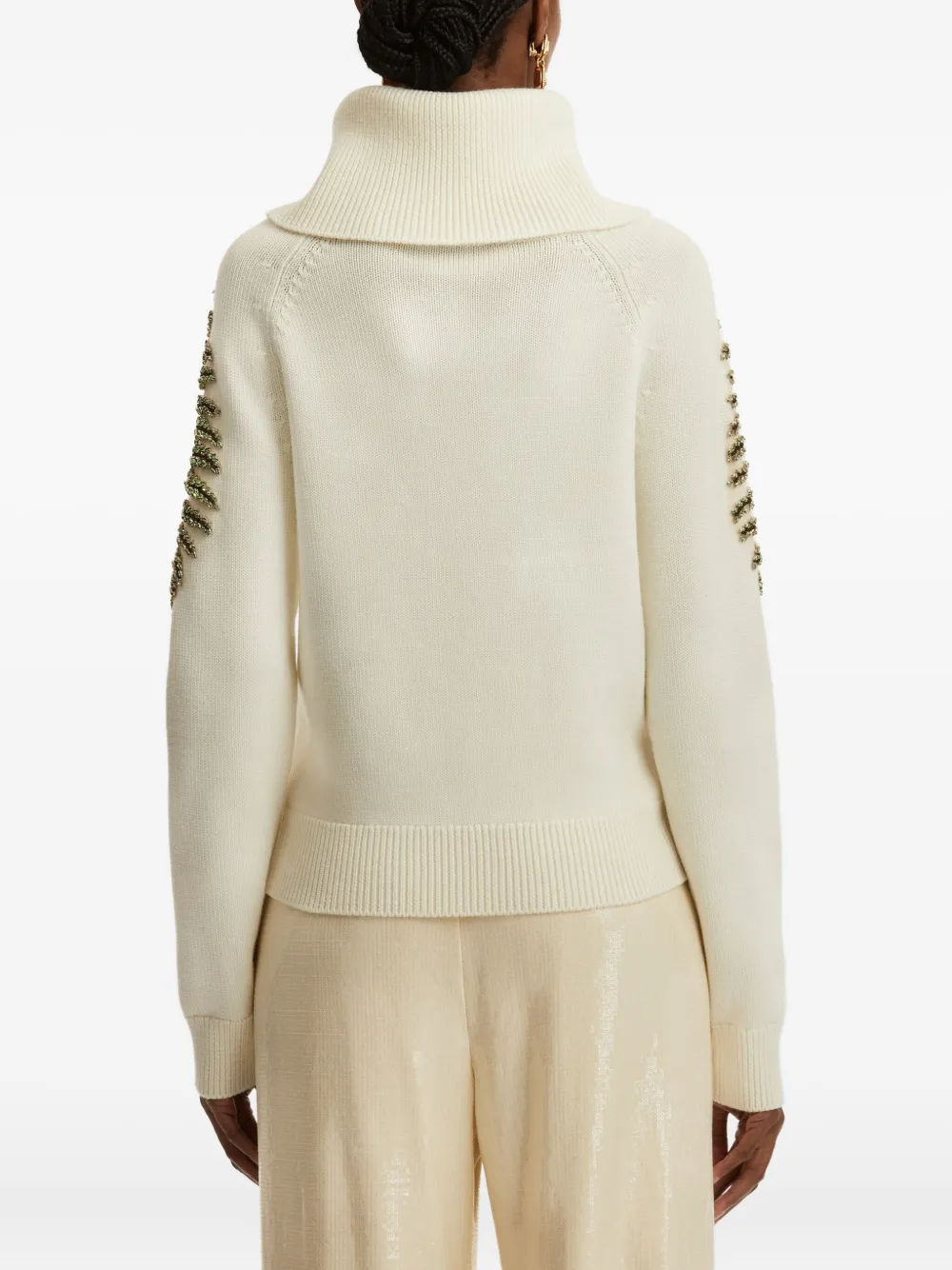 Oscar De La Renta Fern Crystal Embroidered Turtleneck Sweater In Neutral