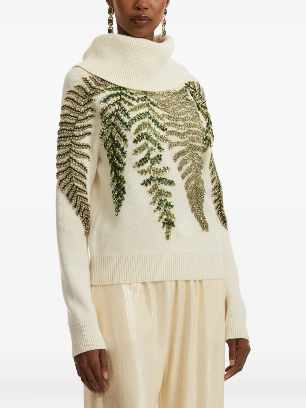 Oscar De La Renta Fern Crystal Embroidered Turtleneck Sweater In Neutral