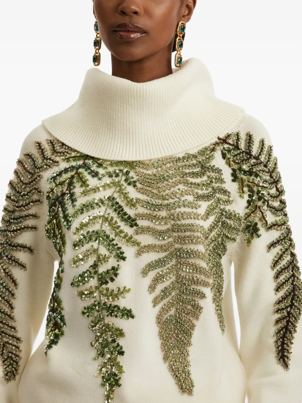 Oscar De La Renta Fern Crystal Embroidered Turtleneck Sweater In Neutral