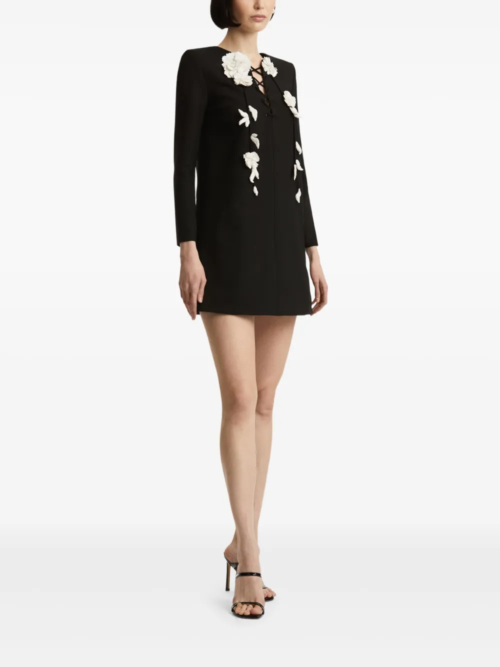 Oscar De La Renta Floral Embellished Long Sleeve Shift Dress In Black