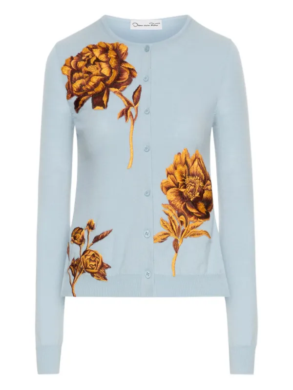Oscar De La Renta peony-embroidered Cardigan Blue Farfetch