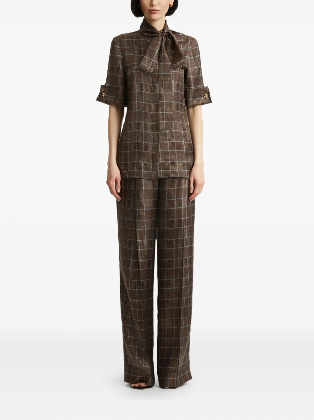 Oscar de la Renta Prince of Wales geruite blouse met gestrikte hals - Bruin