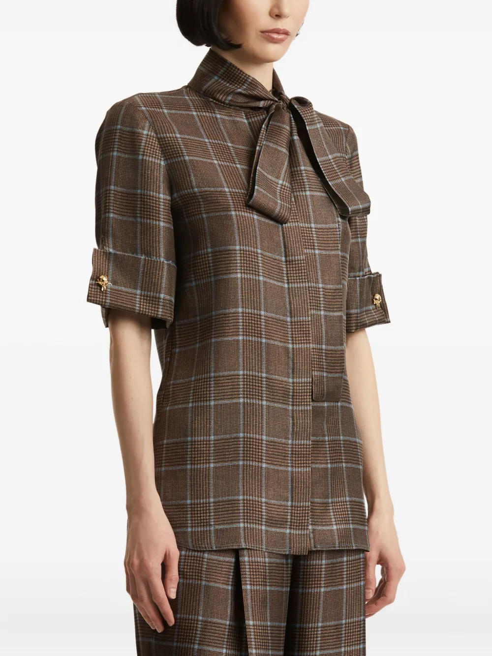 Oscar de la Renta Prince of Wales geruite blouse met gestrikte hals Bruin