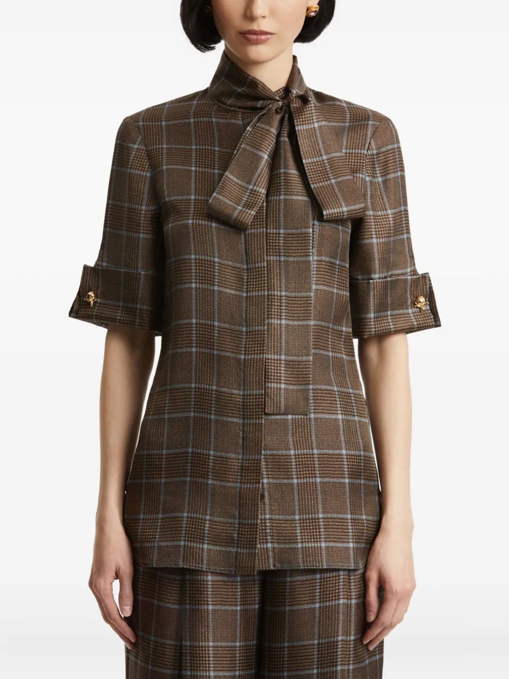 Oscar de la Renta Prince of Wales geruite blouse met gestrikte hals Bruin