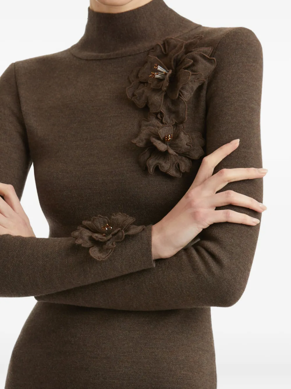 Oscar de la Renta appliqued-flower mock-neck midi dress Bruin