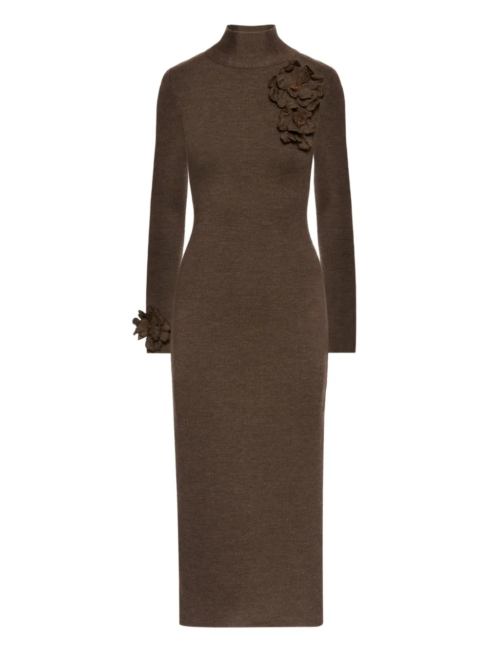 Oscar De La Renta Appliqued-flower Mock-neck Midi Dress In Brown