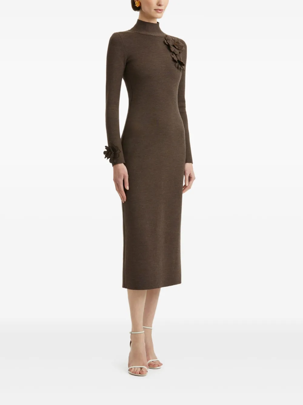 Oscar de la Renta appliqued-flower mock-neck midi dress Bruin