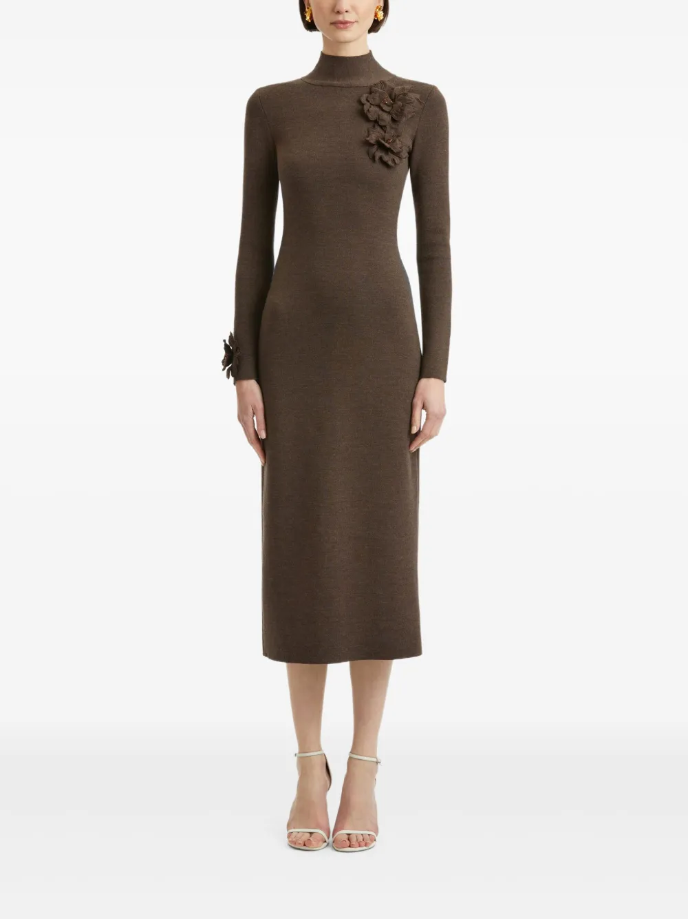 Oscar de la Renta appliqued-flower mock-neck midi dress Bruin