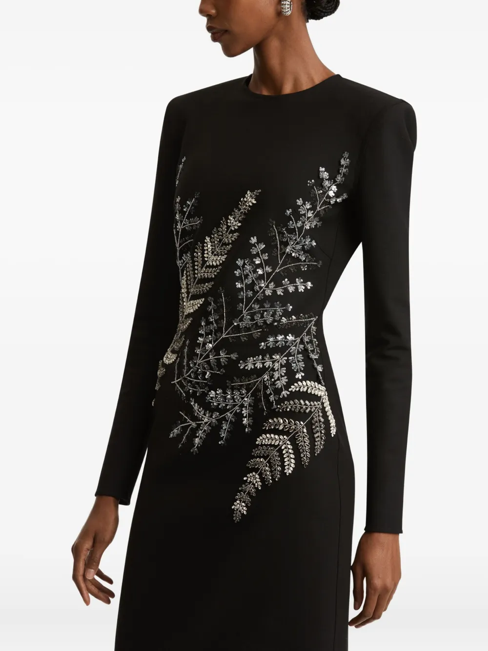 Oscar De La Renta Fern-embroidered Long-sleeve Gown In Black