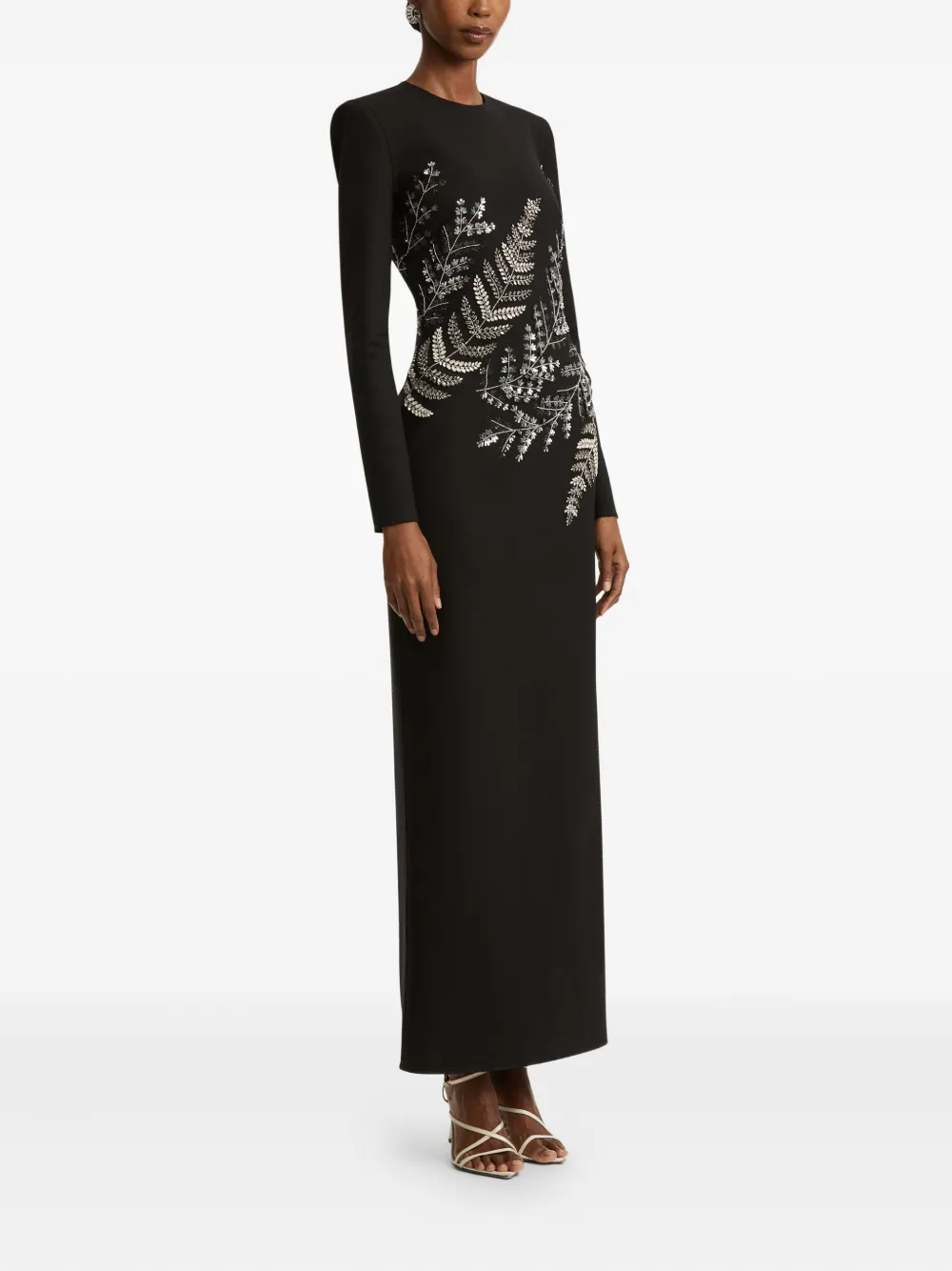 Oscar De La Renta Fern-embroidered Long-sleeve Gown In Black