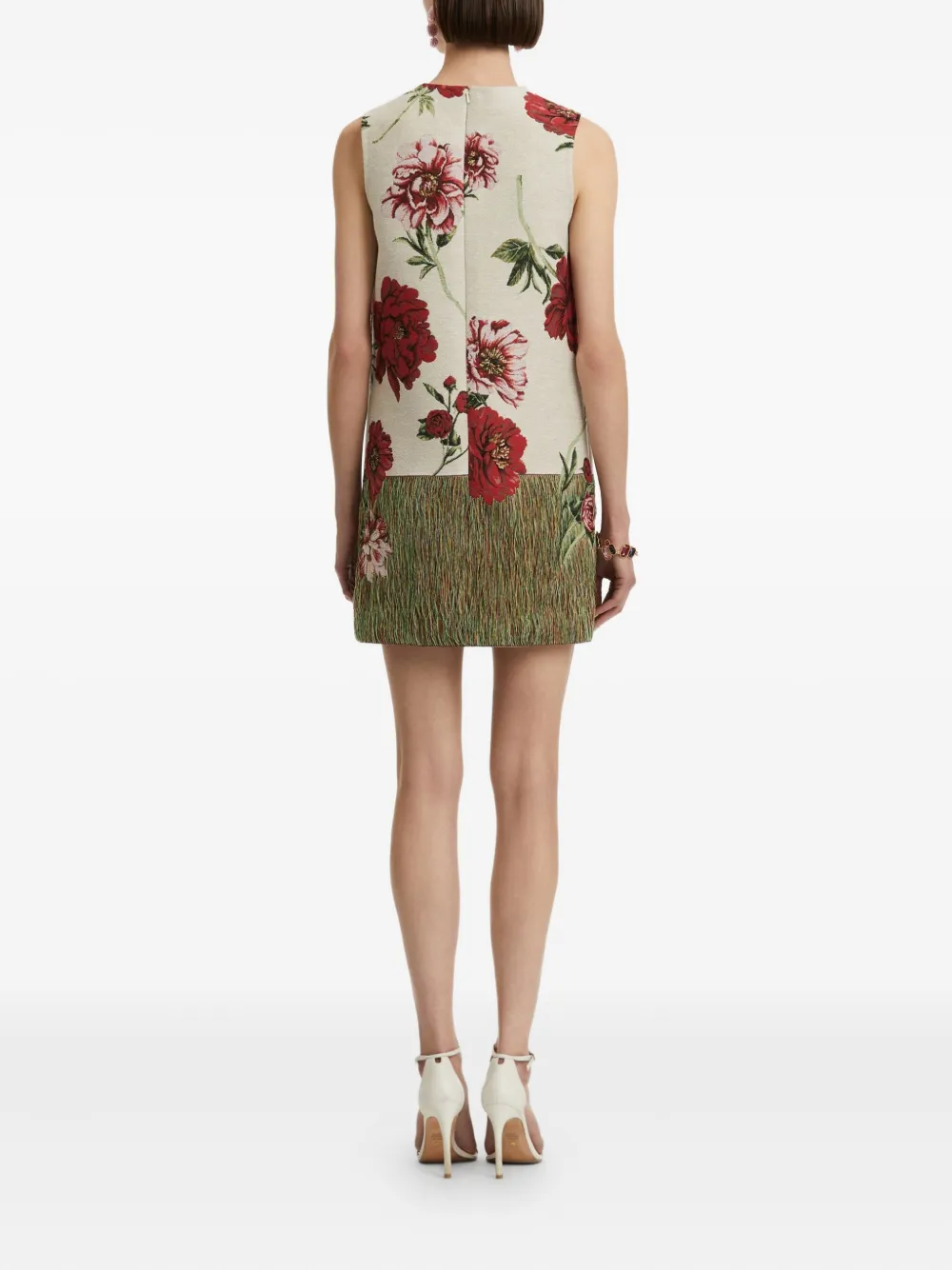 Oscar de la Renta peony floral shift mini dress Beige